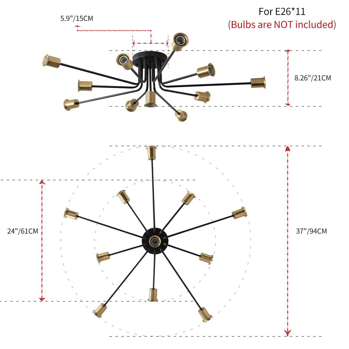 11 Lights Black and Gold Large Sputnik Ceiling Light Fixture (11-light:37")