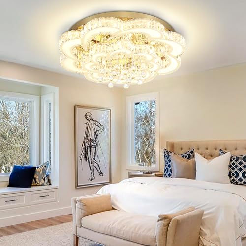 Dia 32'' Modern Crystal Chandelier Flush Mount Crystal Ceiling Light Fixture Dimmable LED Ceiling Chandelier for Living Room Dinning Room Bedroom (Gold / Dia 32")