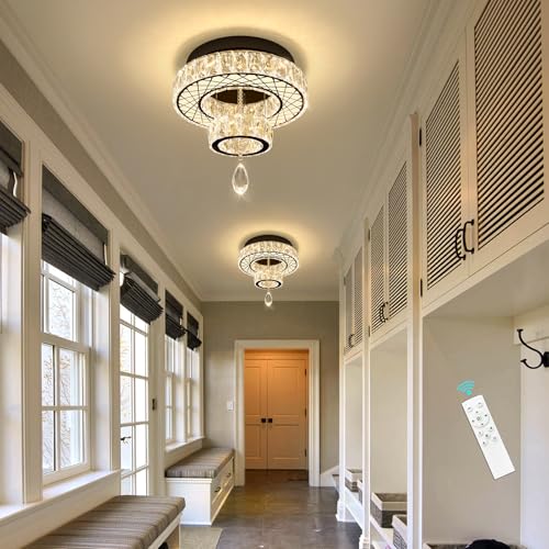 Modern Flush Ceiling Chandelier Bedroom Light Fixtures Crystal Flat Sloping Ceiling Lights for Hallway Kitchen Dining Room Dimmable Light with Remote Black (12 inch / Black)