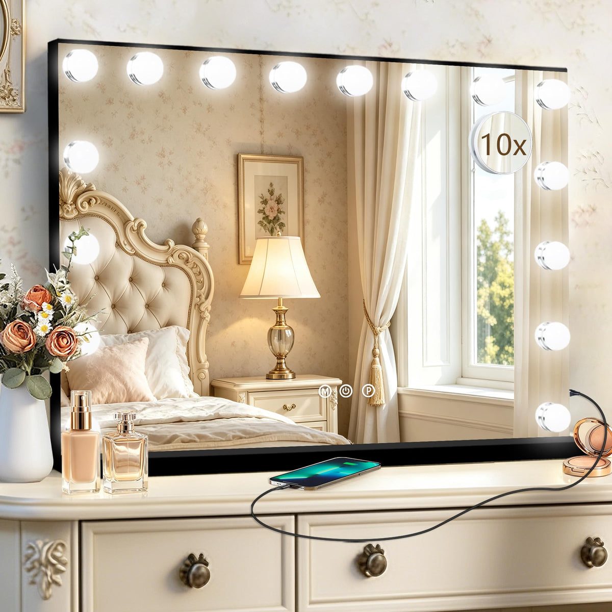 Black Hollywood Vanity Mirror with Lights (Black / 26"L x 20"W)