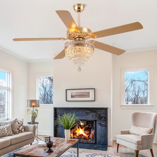 62"Golden Crystal Chandelier Ceiling Fans with Lights and Remote Control (Gold-62IN)