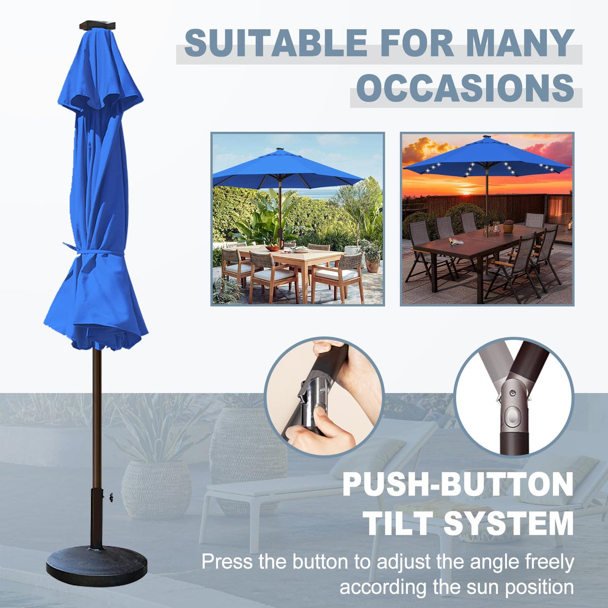 USA 10-Year-Non-Fading 10ft Market Patio Umbrella, Commercial Grade Table Sun Umbrella with 80 Solar LED Lights, Crank Open, Windproof & UPF 50+ UV Protection for Garden, Deck, Pool, Backyard, Royal Blue (Royal Blue / 10 FT(Single Vent Tilt))