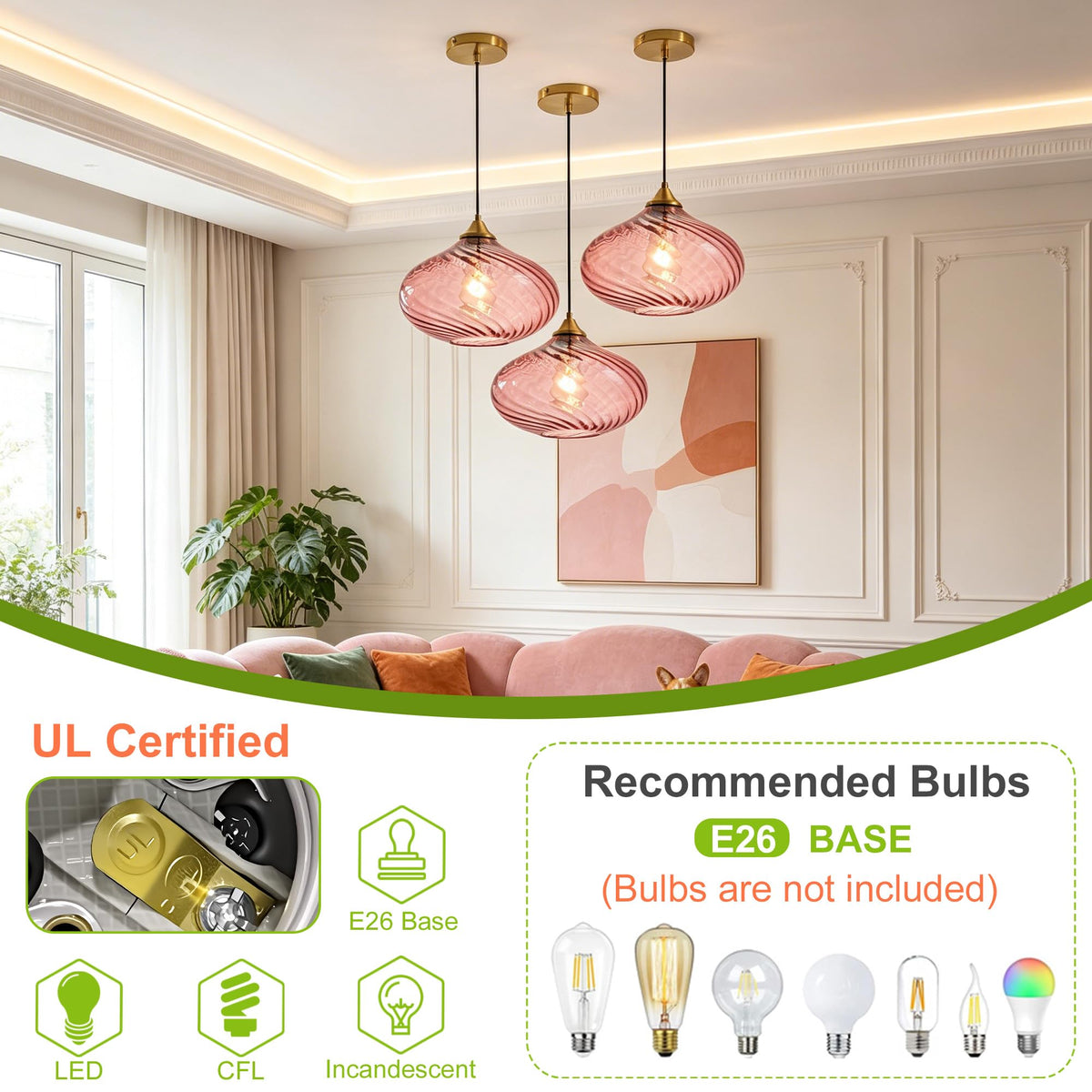 11in Gold Pendant Lights Kitchen Island with Purple Pink Glass Shade 1Pack (Gold-Striped Pink Glass)