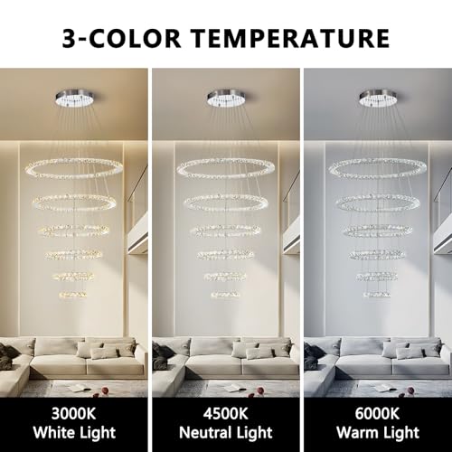 Modern Crystal Chandelier for High Ceiling Lights Fixtures Luxury 6 Ring Led Chandelier for Dining Room Big High Ceilings Foyer Chandeliers for Living Room Entryway Staircase (6 Ring-big)