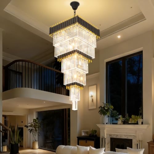 Modern Black and Gold Crystal Chandelier Large Foyer Chandelier for High Ceiling Long Entryway Chandeliers Adjustable Chain for Hall Living Room Entrance Staircase W24 x H80 17 Lights (D24"XH80" Black)