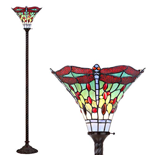 Dragonfly Tiffany Style Torchiere Floor Lamp 71" (Bronze/Red)