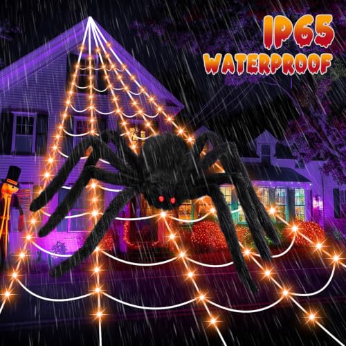 Halloween Decorations 16.4Ft Spider Web with LED Lights & 59" Giant Spider (Orange)