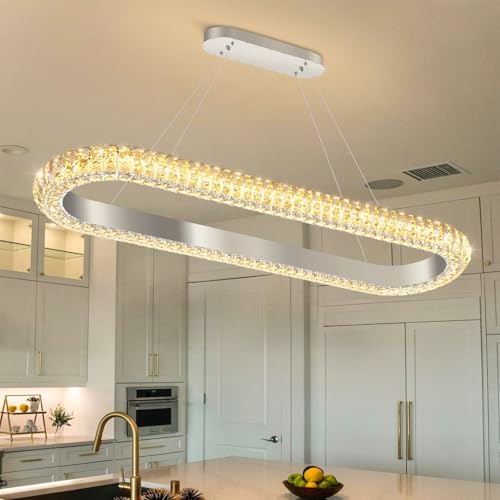 40'' Oval Ring Crystal Chandelier Modern LED Dimmable Ring Pendant Light Chandelier for Dining Room Living Room Silver (Silver / 1 Ring Oval 40")