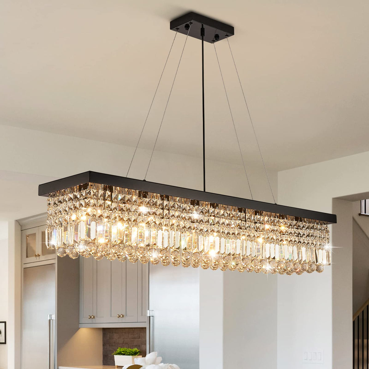Rectangle K9 Crystal Chandelier Modern Rectangular Pendant Lighting Fixture for Dining Room Kitchen Island Bedroom Black L47'' x W10'' x H10'' (Black(Hanging) / L47")