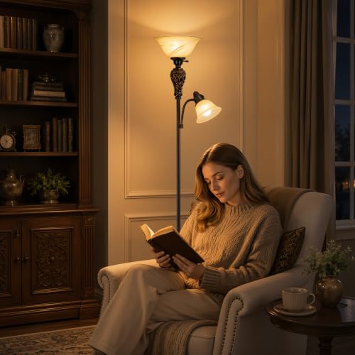 Vintage Torchiere Floor Lamp with Adjustable Reading Light (Brown)
