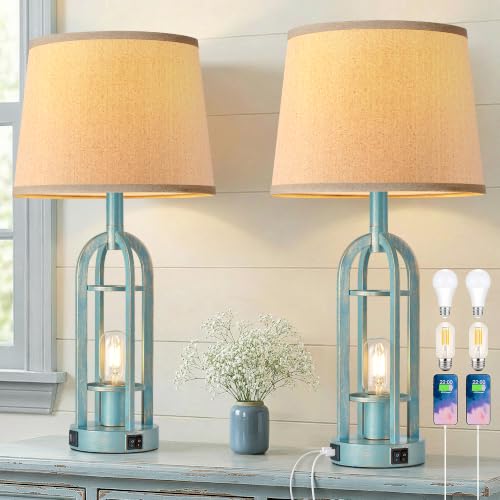 24" Farmhouse Table Lamps for Living Room Bedroom Set of 2 (10.Button Switch - Blue)