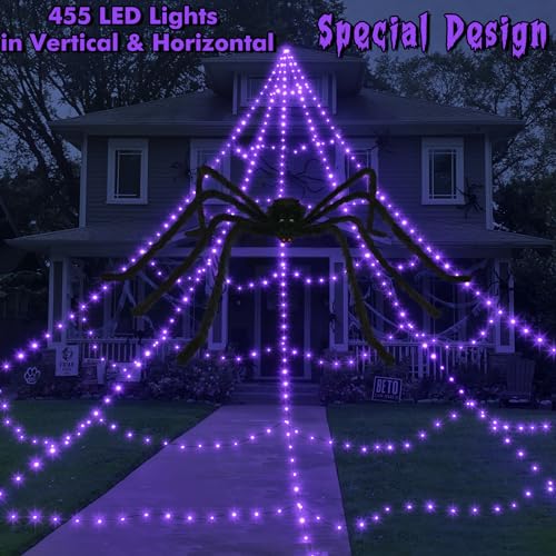 Halloween Spider Web Lights Decoration 455 LED Spider Webs Halloween Decorations Outdoor with 59" Large Spider & 3.53 oz Stretch Cobweb 16.4 Ft Light Up Giant Spider Web with 8 Modes & Timer