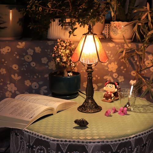 Small Tiffany Style Table Lamp Orange Bark Stained Glass Lamp 14 Inch (Orange Bark Pattern)