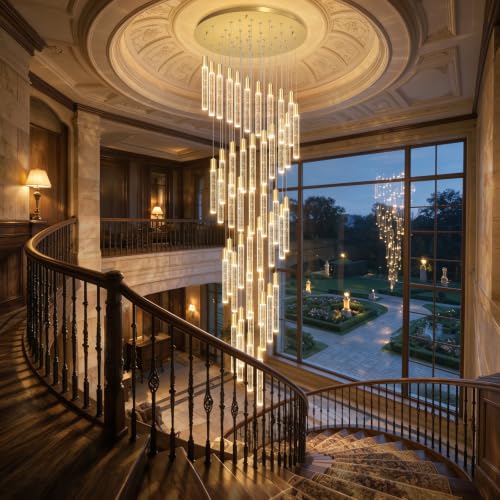20 Foot 48 Light Gold High LED Dimmable Chandeliers Ceiling Pendant Light Fixtures Remote Control Light Fixtures Crystal Raindrop Fixtures Living Room Staircase Entrances (48 lights / Gold)
