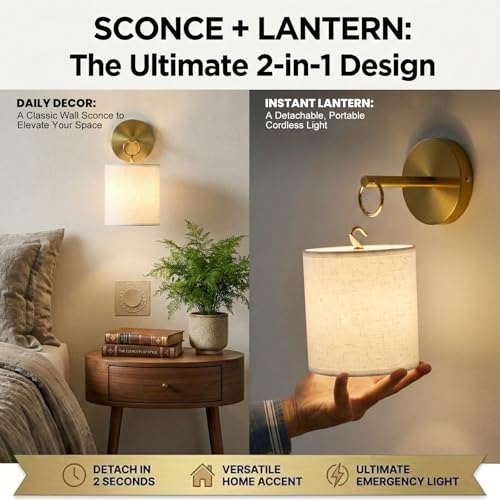 Detachable Wall Sconces Battery Operated With Hanging Hook (Gold / 2 Pack)