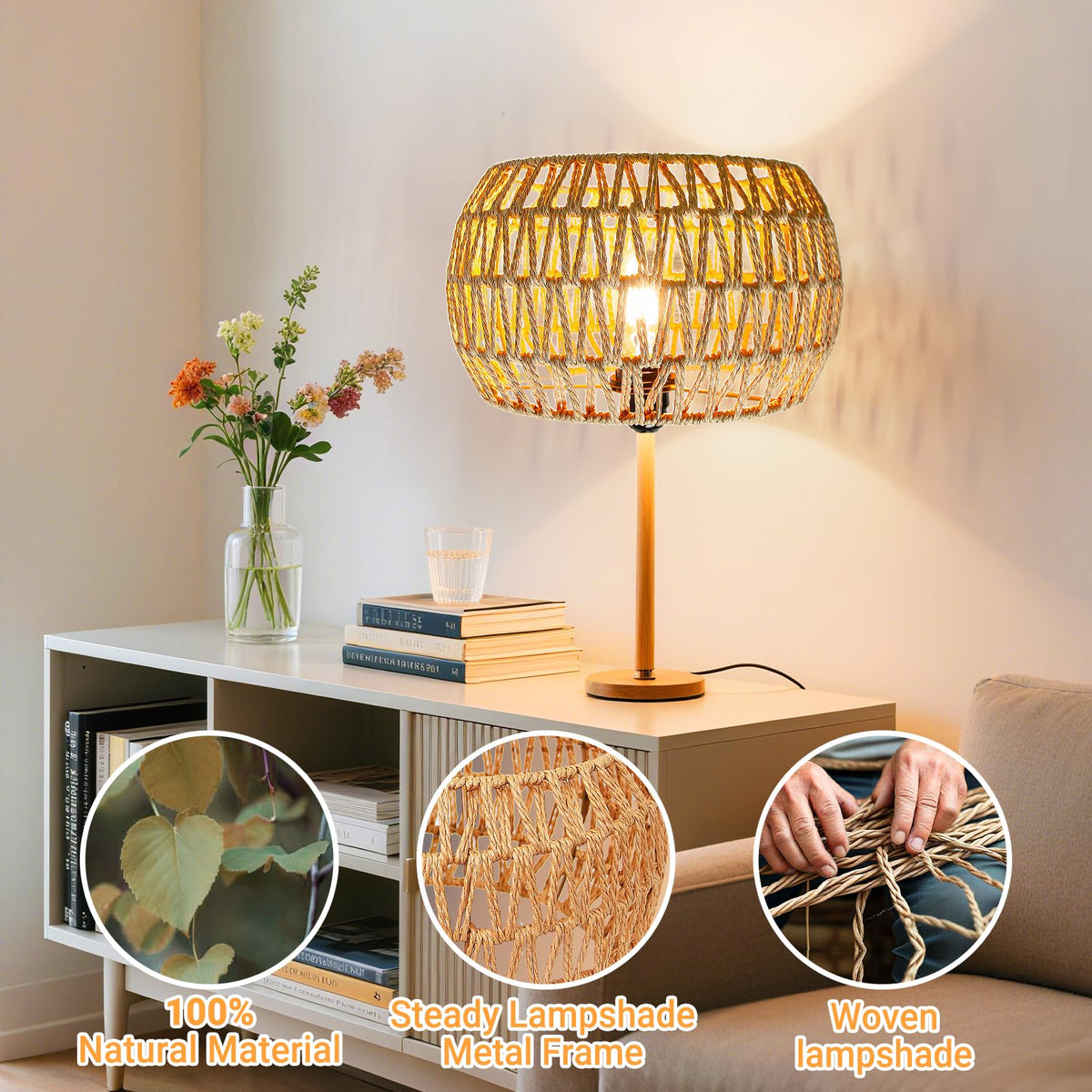 Hanging Light Lamp Shades Boho Rattan Lamp Shades (12.6 Inch-Drum Shade)