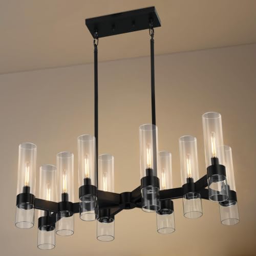 10 Light Black Chandeliers for Dining Room with Clear Glass Shade (Black / 10-Light L32")