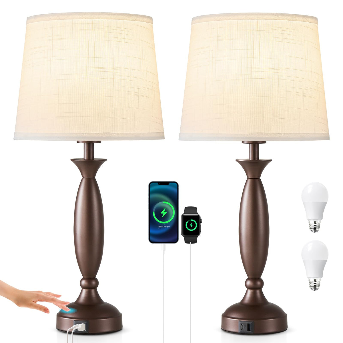 23" Touch Lamps for Nightstand Set of 2 (Brown & White Shade)
