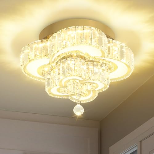Dia 12'' Mini Crystal Chandeliers Modern LED Chandelier Flush Mount Crystal Ceiling Lights Fixture Modern Pendant Light for Living Room Foyer Entryway Gold (Gold / Dia 12")