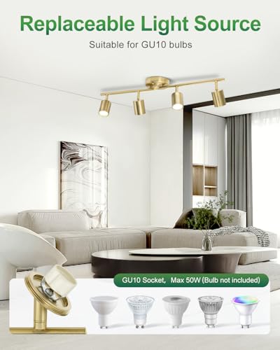 4 Ways Gold Track Lighting Fixtures Ceiling Gu10 Bulbs Not Included (Gold / 4 Ways)