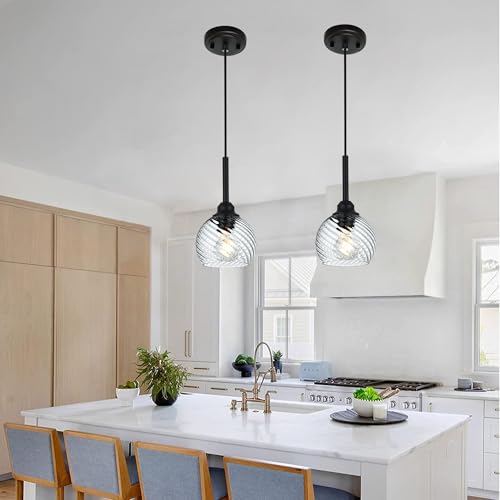 2 Pack Pendant Lights Kitchen Island with Clear Striped Swirl Globe Glass (Transparent / 1-Light-2 Packs)