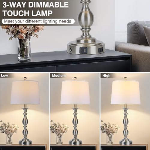 28" Tall Modern Table Lamp with USB A+C Ports and AC Outlet (Silver- 1 Pack)