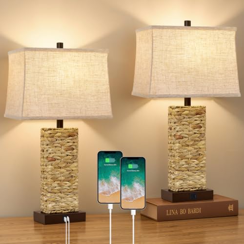 Rattan Table Lamps Set of 2 (Light Brown)
