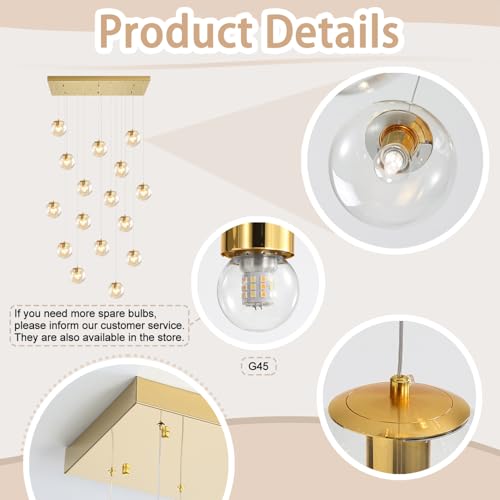 Glass Chandelier LED Modern Gold Pendant Light Globe Ceiling Light 16 (Gold-Clear / Rectangle 16-Light)