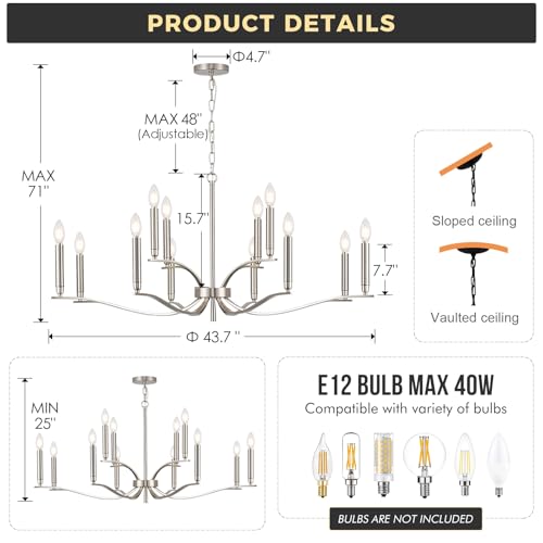 12 Light Nickel Living Room Chandelier High Ceiling Foyer Candle Chandelier Large Modern 44in Metal Chandeliers Hanging Light for Master Bedroom Dining Room Light Fixture Over Table (Nickel / 44 inch)