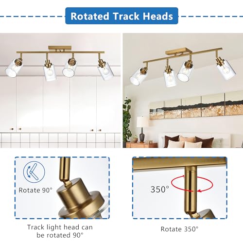 4 Light Track Lighting Kit Brass Bathroom Vanity Light Fixtures with Adjustable Track Head Ceiling Spotlight Fixture for Hallway Porch Foyer Storage (Brass / 4-Light)
