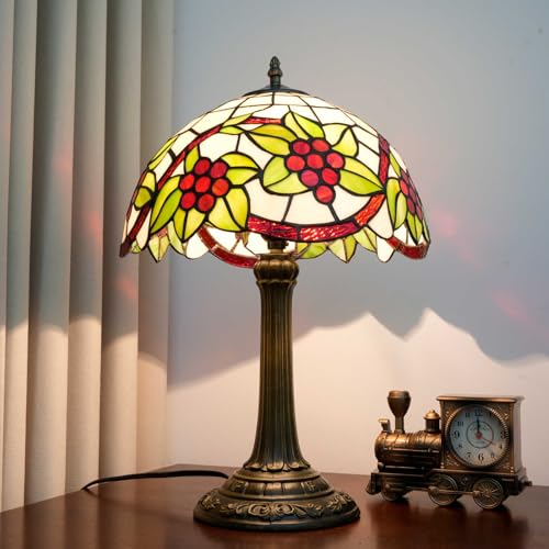 12 Inch Tiffany Lamp Grape Stained Glass Bedroom Table Lamps Village Retro Rustic Farmhouse Style For Living Room End Bedside Nightstand Office Dorm Home Decor Accent Mid Century Reading Desk Light (Grapes Lamp)