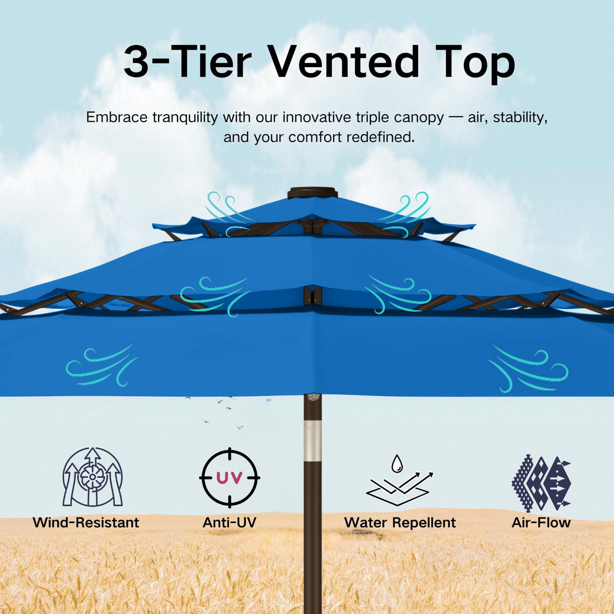 9ft 3 Tier Patio Umbrella with Solar Lights (Royal blue / 9 FT)