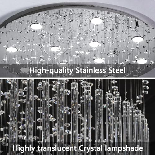 W32 x H120 Glam Chandelier with LED Bulbs Crystal Raindrop High Ceiling Pendant Light for Entrance Large Villa Chandelier Foyer Lighting Fixtures Silver (Silver / Round W32" X H118")