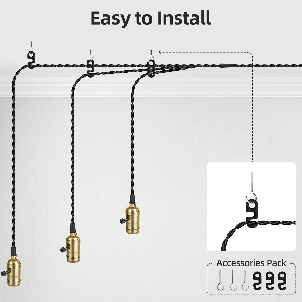 Plug in Pendant Light Cord Kit (Gold / 1 plug with 3 sockets)