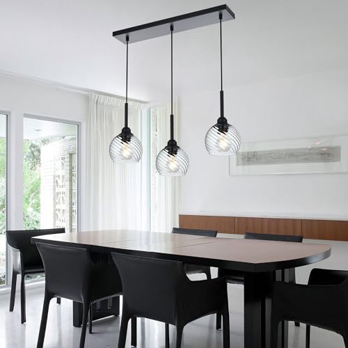 3 Light Linear Island Lights with Striped Swirl Globe Glass (Transparent / 3-Light-Straight Bar)