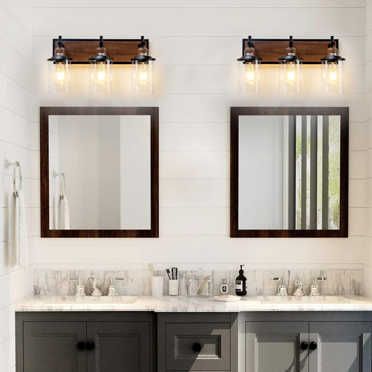 3 Light Farmhouse Bathroom Light Fixtures Vintage Vanity Lights Over Mirror Black and Wood Painted Metal Vanity Light with Glass Shades E26 Socket (Black and Wood-painted / 3-Light)