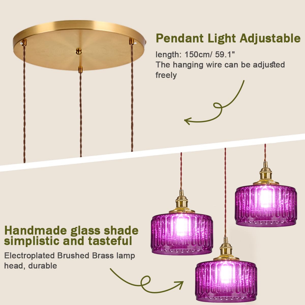 3 Light Glass Globe Chandelier Kitchen Island Mid Century Modern Ceiling Pendant Light Purple Striped Shade Gold Hanging Lights Fixture Multi Light Cluster Chandeliers Dining Room (Purple-Hardwired-3-Light-Cluster)