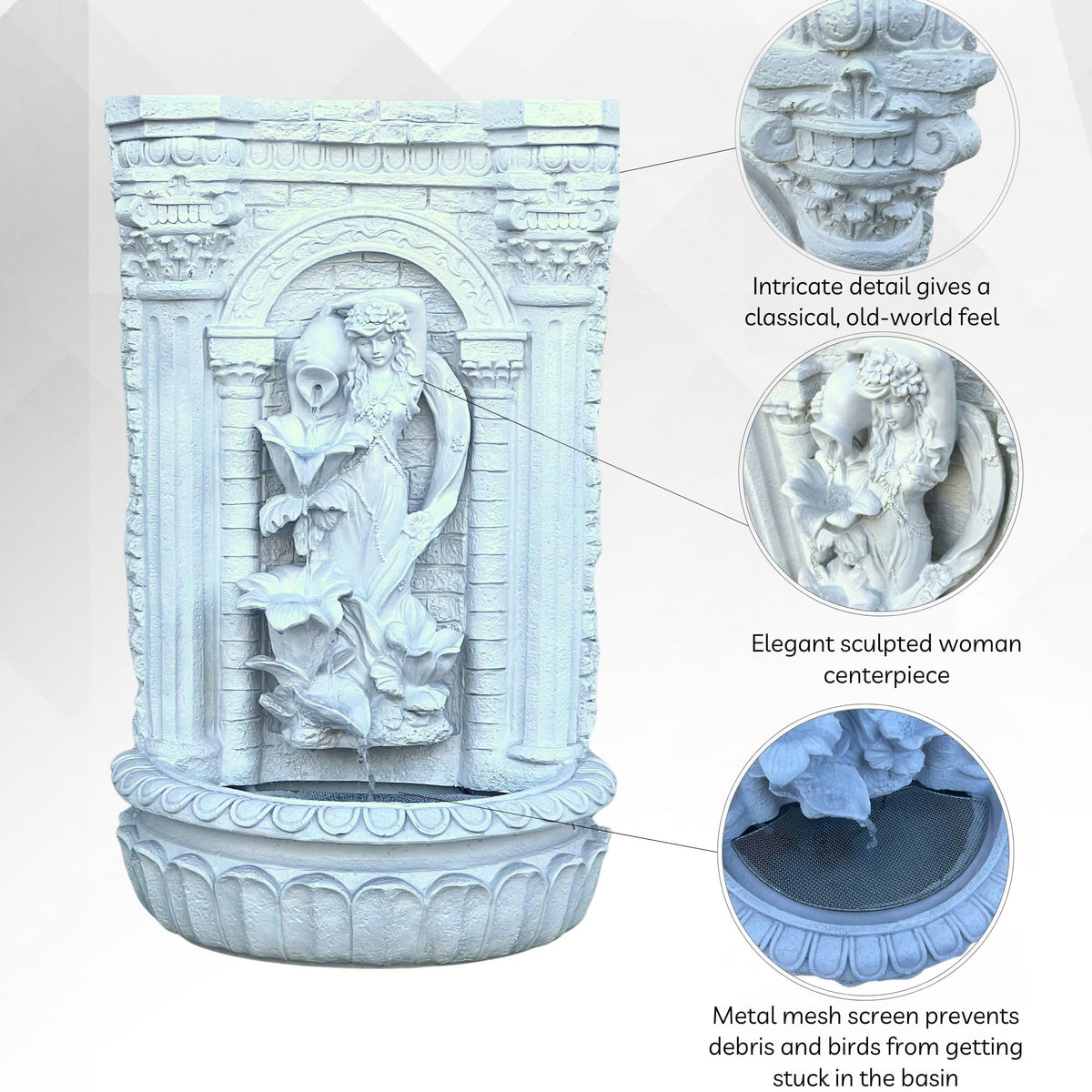 30.3" Solar Powered Outdoor Wall Fountain with Flower Maiden Statue (White)