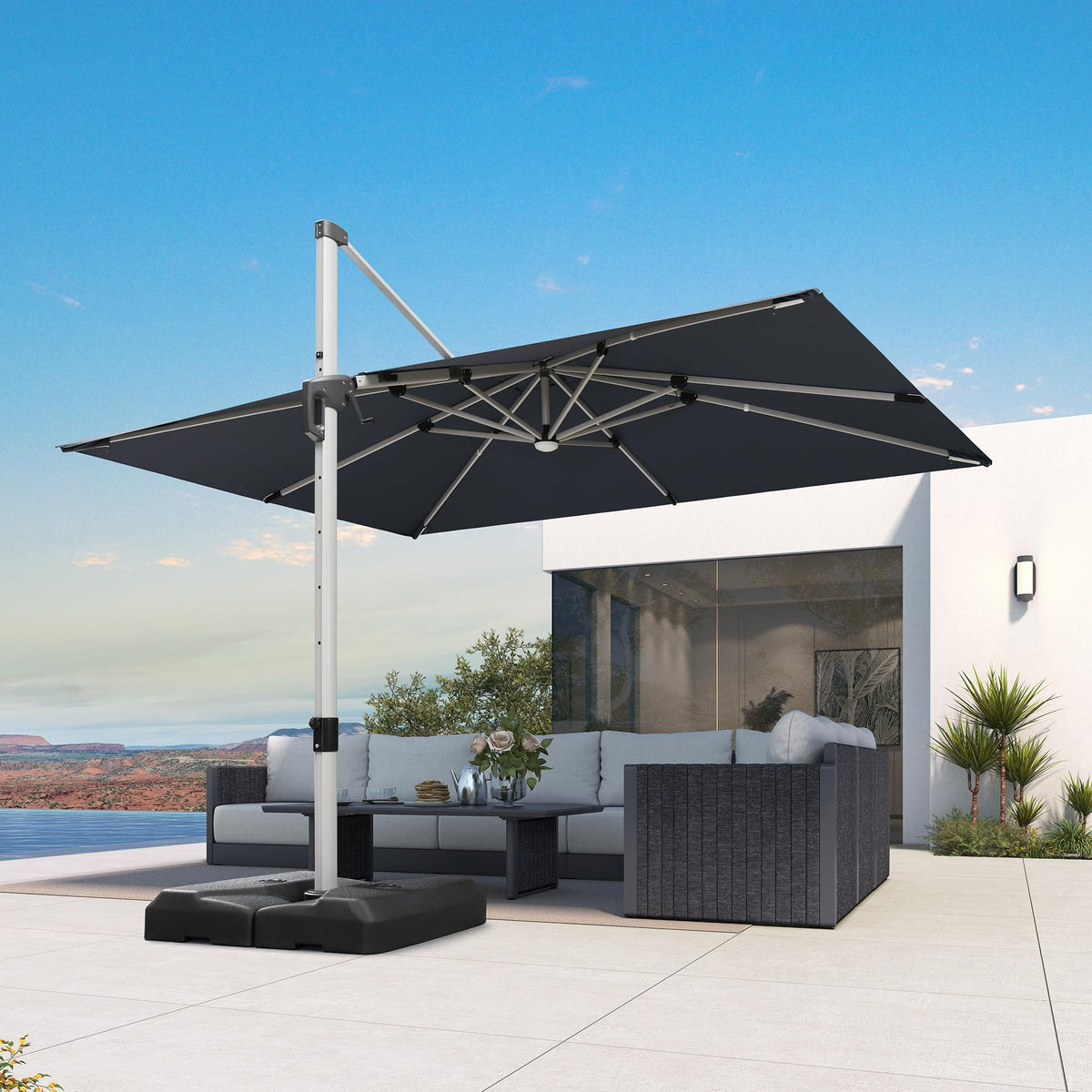 Patio Umbrella with Base Included 9' X 11.5' Solar Light (Grey / 9' X 11.5')
