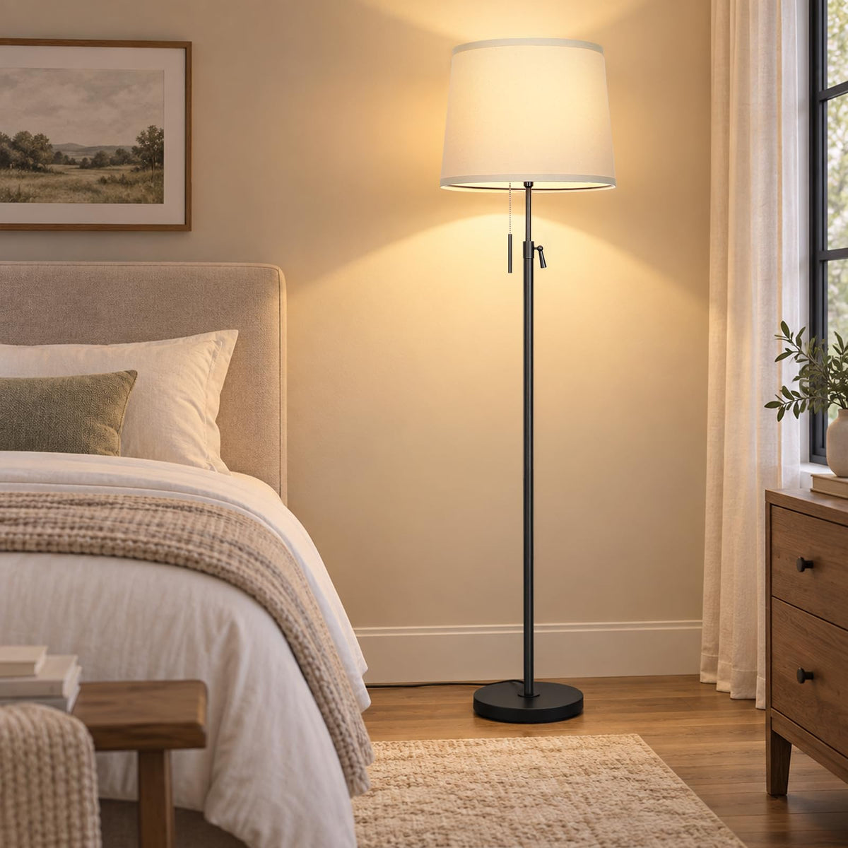 52" 63" Black Adjustable Floor Lamp (Black+Beige Linen Shade)