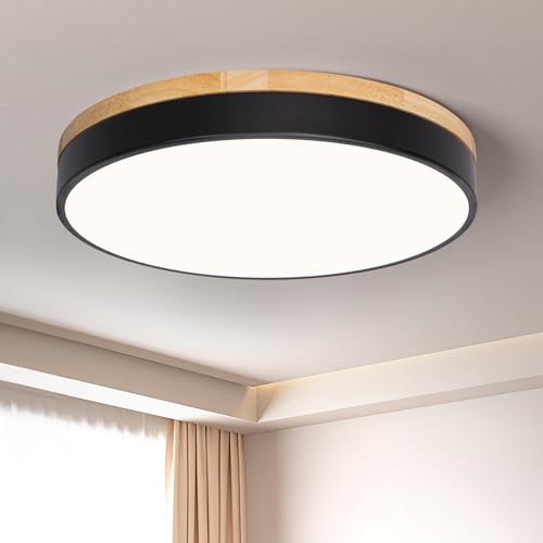 Modern Wood Black Flush Mount Ceiling Light 15.75 Inch (Black- Non-dimmable / 15.74 Inch)
