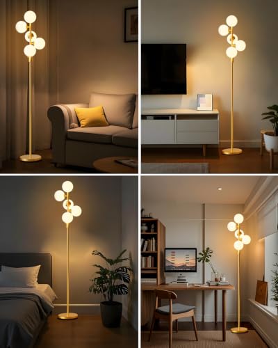 Dimmable 5 Globe Floor Lamp Mid Century Modern Floor Lamp with 5Pcs 3000K Bulbs Included Brightness Adjustable Gold Standing Lamps for Living Room (5G-C-Gold)
