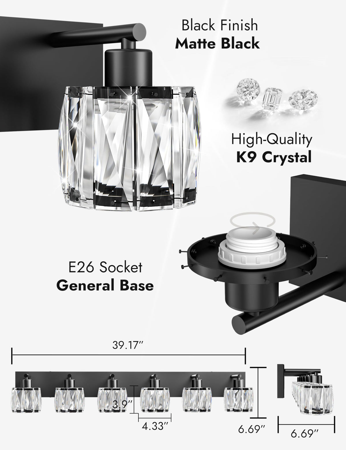 6 Light Crystal Bathroom Vanity Light Fixtures (Black-Round / 6 Light)