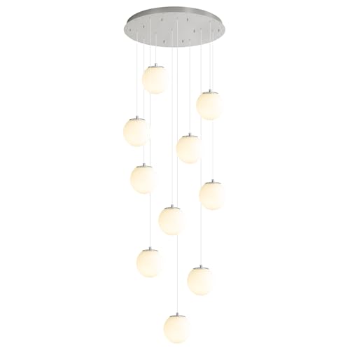 LED Staircase Chandelier Glass Globe Pendant Light Chrome Large Chandeliers for High Ceiling (Silver-White / Globe 10-Light)