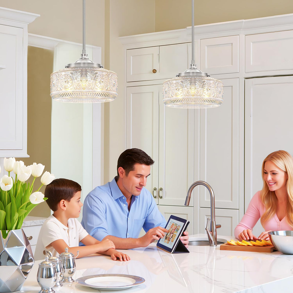 Brushed Nickel 3 Light Pendant Light for Kitchen Island with Etched Glass (Nickel+Clear Glass / 11.8in)