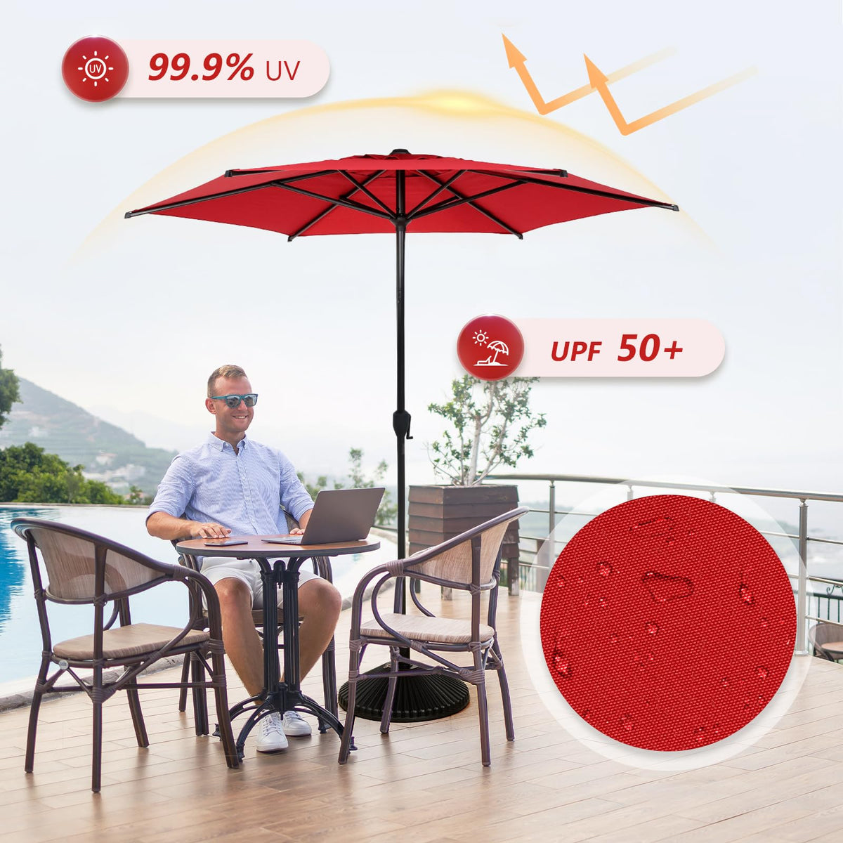 9FT Lyon Outdoor Patio Umbrella Outdoor Table Umbrella with Push Button Tilt and Crank Market Umbrella 6 Sturdy Ribs UV Protection Waterproof for Garden Deck Backyard Pool (9 FT(6 Ribs) / Red(6 Ribs))