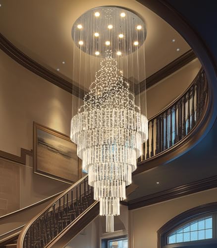 W32 x H120 Glam Chandelier with LED Bulbs Crystal Raindrop High Ceiling Pendant Light for Entrance Large Villa Chandelier Foyer Lighting Fixtures Silver (Silver / Round W32" X H118")