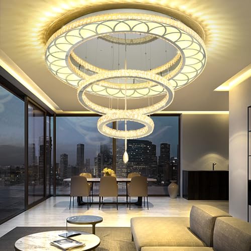 Dia 48" Large Crystal Chandelier Modern LED Ring Chandeliers Dimmable Flush Mount Chandelier Crystal Ceiling Light for Living Room Bedroom Foyer (Silver / W:48inches)