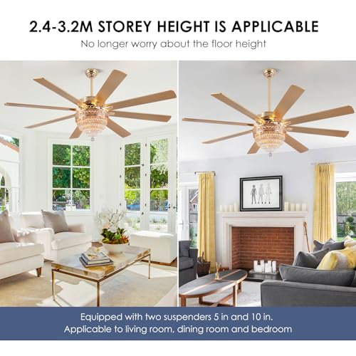 72"Large Golden Crystal Chandelier Ceiling Fans with Lights and Remote (Gold-72IN)