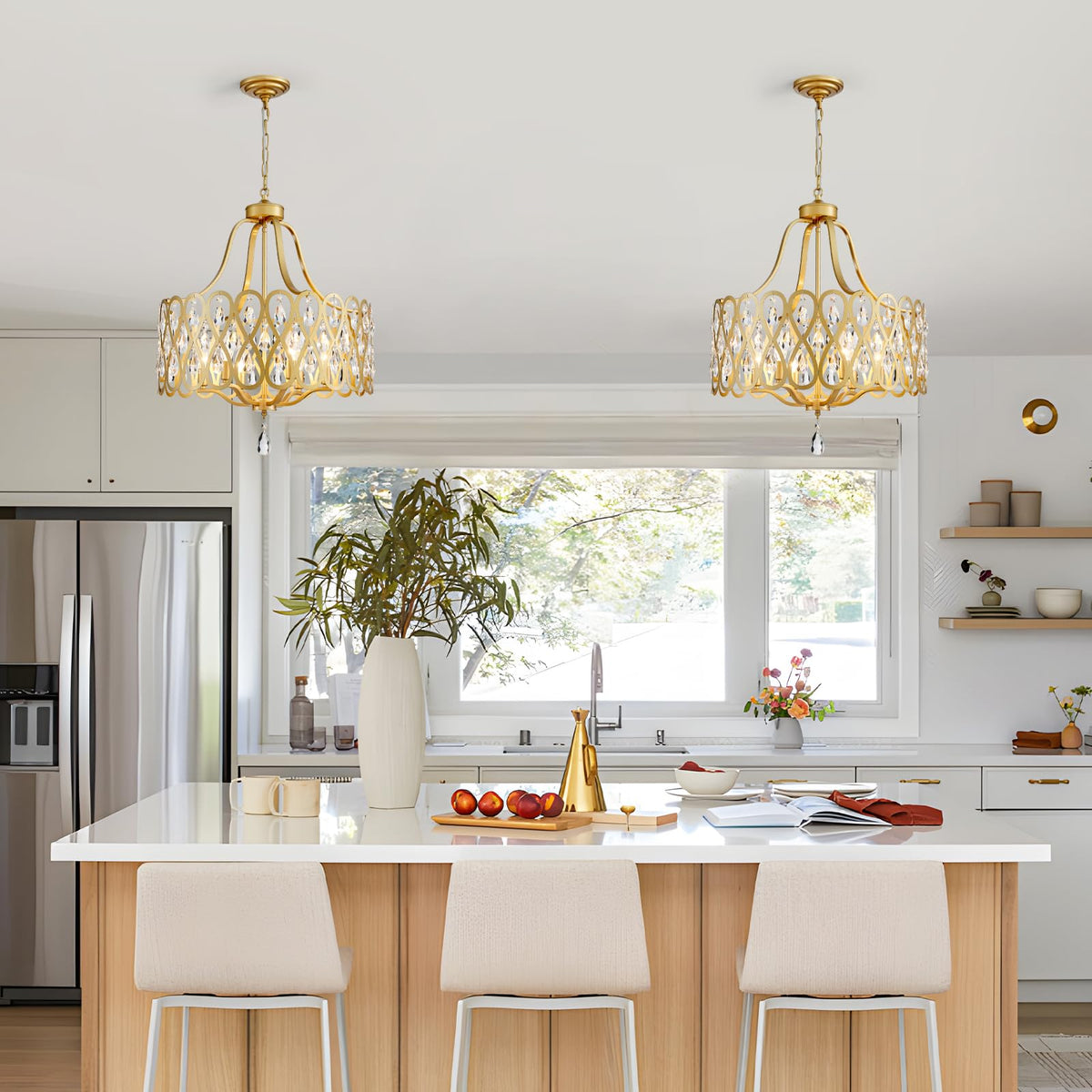 22" Gold Crystal Chandeliers for Dining Room 6 Lights Hanging Pendant Lighting Fixture Metal Farmhouse Chandelier for Kitchen Island Entryway Living Room